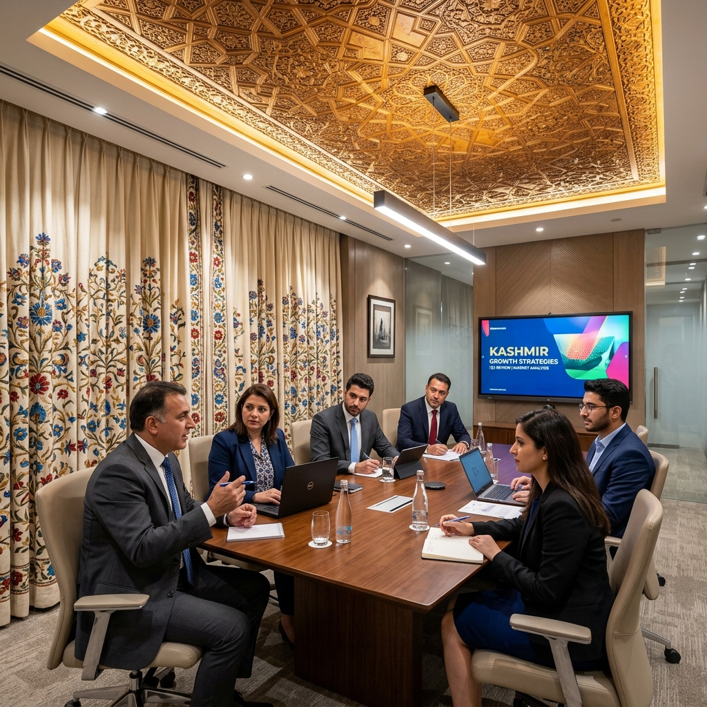 Modern Conference Room with Khatamband Ceiling and Closed Crewel Curtains